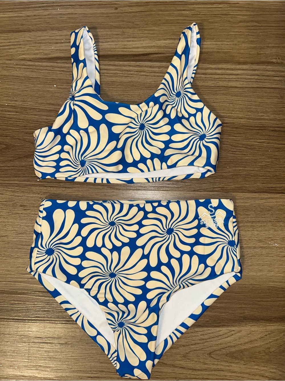 Girls Blue and Cream Floral High-Rise Bikini Set - Picture 2 of 7